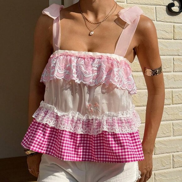 Pink Boho Women's Vacation Plaid multi print Lace Splicing Camisole top - Picture 6 of 7